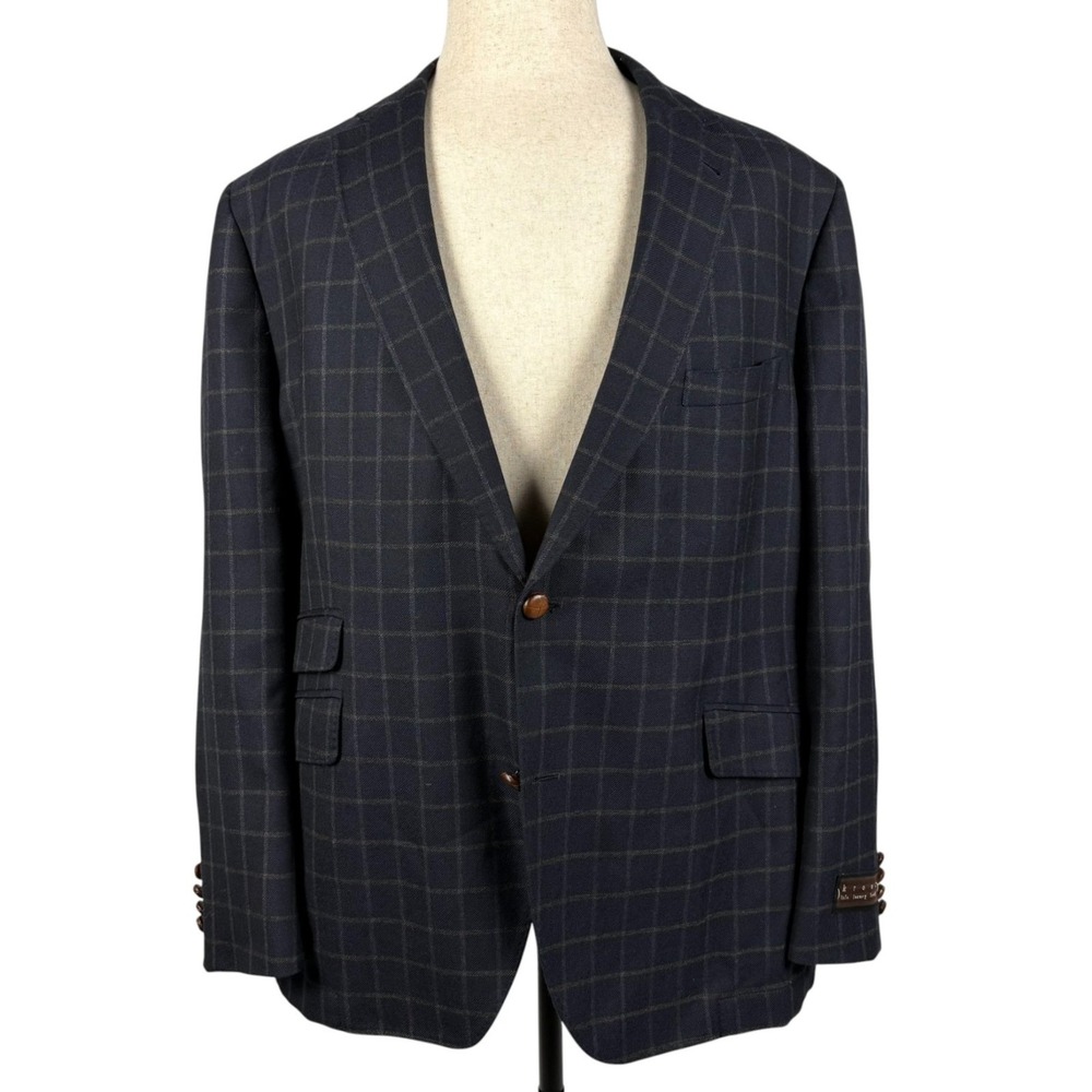 Kroon Wool Sport Coat Mens 48R Navy Blue Windowpane Leather Elbow Patch Blazer